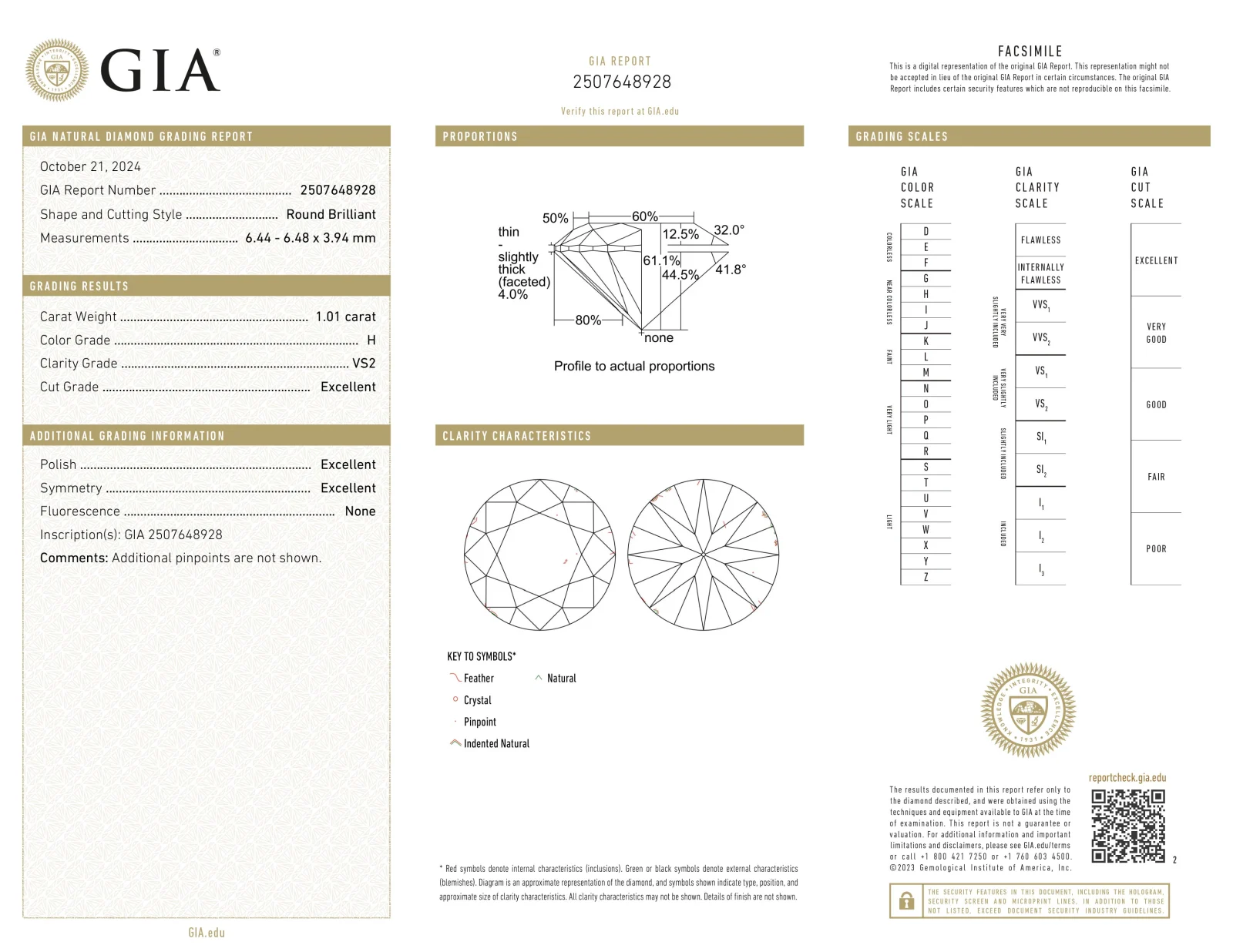 Briljant geslepen diamant 1.01ct, H, VS1