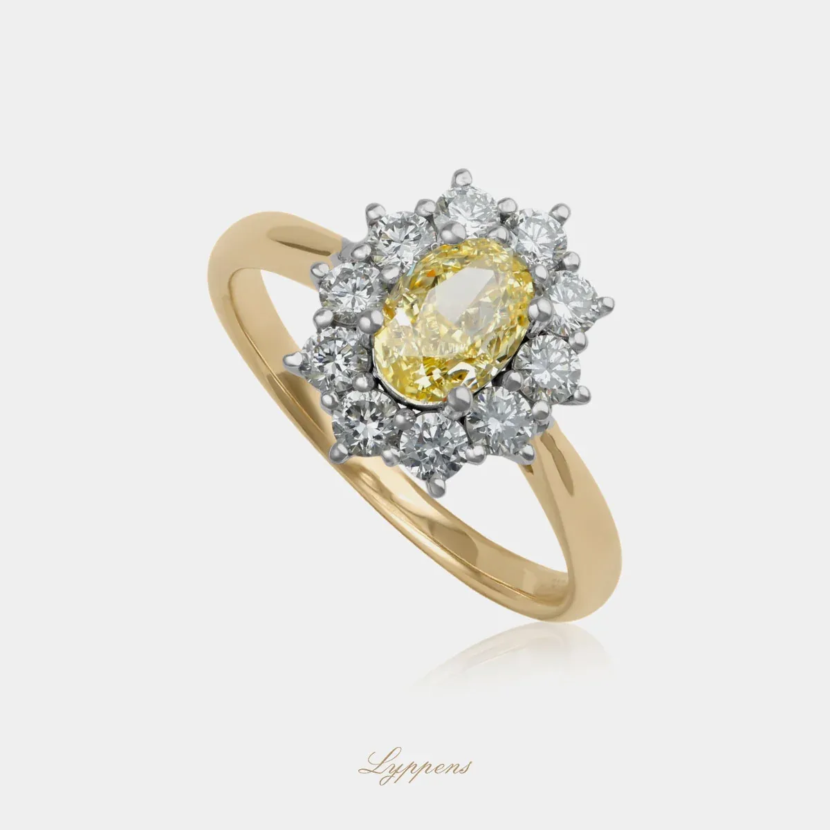 Geelgouden entourage ring met fancy yellow en witte diamant - Afbeelding 2