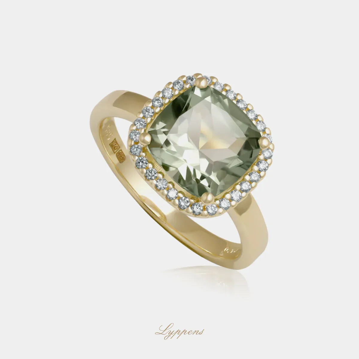 Geelgouden entourage ring met prasioliet en diamant - Afbeelding 2