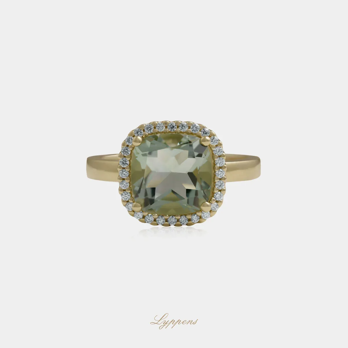 Geelgouden entourage ring met prasioliet en diamant