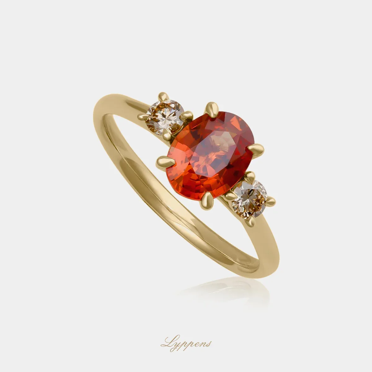 Geelgouden ring met oranje saffier en bruine diamant - Afbeelding 2