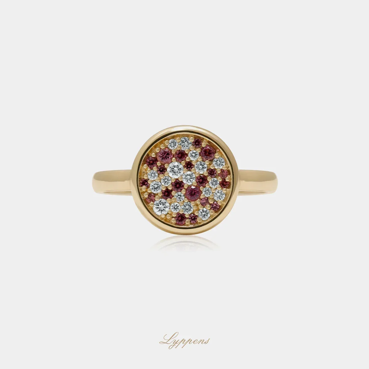 Geelgouden ring met rhodoliet en diamant