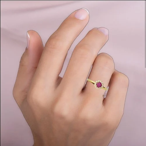Gouden Damesring Diamant 0.11 ct Robijn 0.20 ct 14 karaats - Afbeelding 2