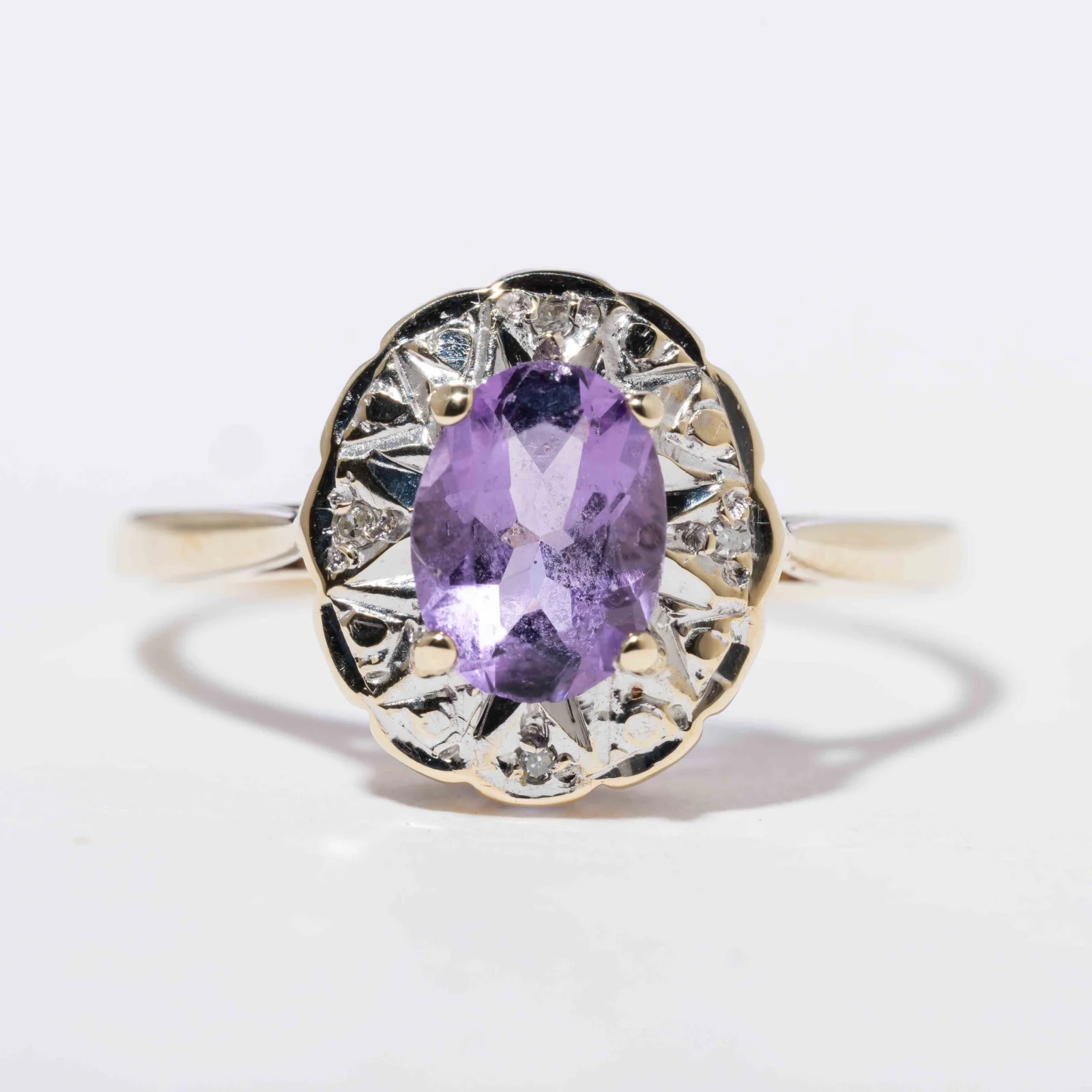 Vintage Amethyst & Diamond Radiant Halo Ring - Afbeelding 2