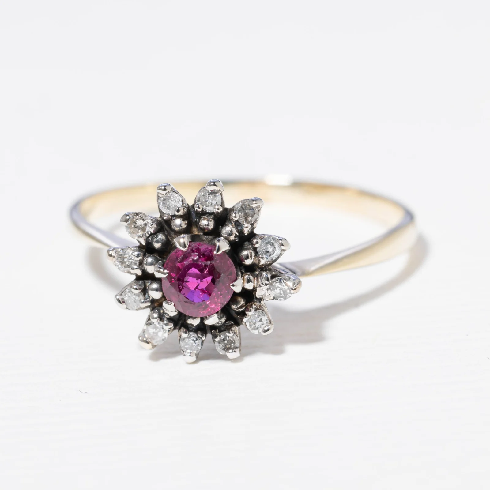 Vintage Ruby Center & Diamond Halo Ring
